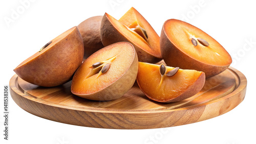 Fresh sapodilla fruit cut into sections on a wooden serving tray photo