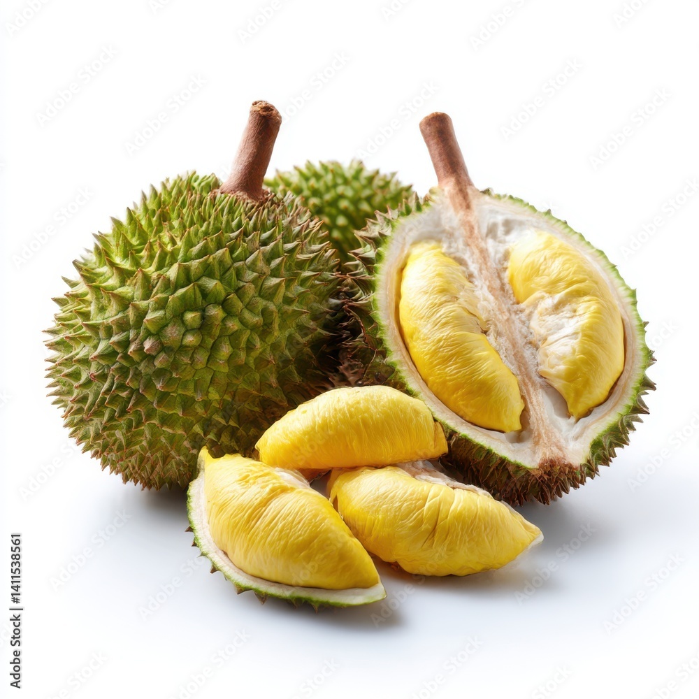 Fototapeta premium Durian fruit with pulp close up on white background