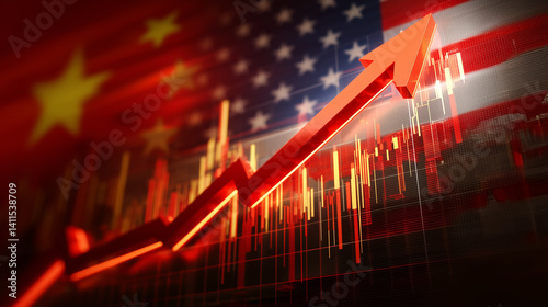 Dynamic financial growth chart with rising trend against Chinese and American flag background showcasing economic competition and globalization.