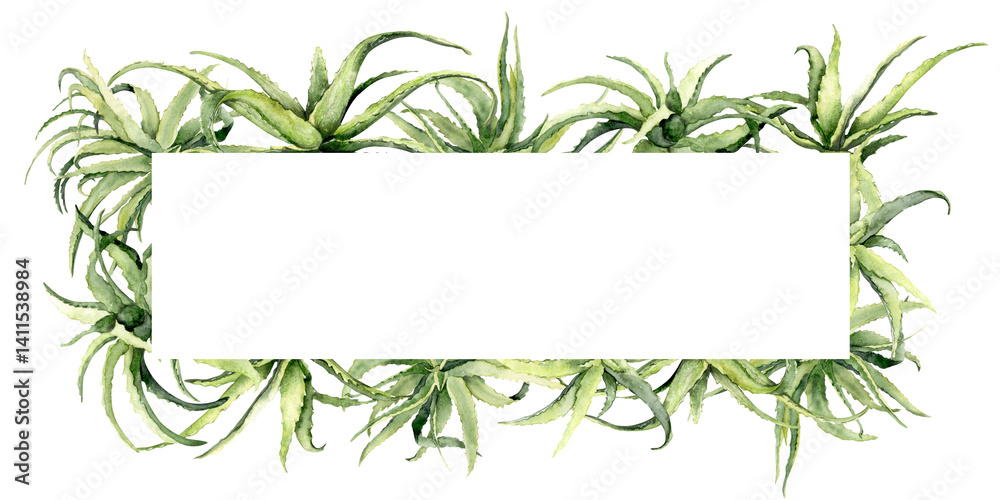 Fototapeta premium Watercolor aloe vera frame with green leaves and cut pieces