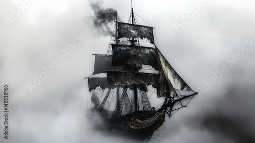 Mysterious black sailing ship in fog.