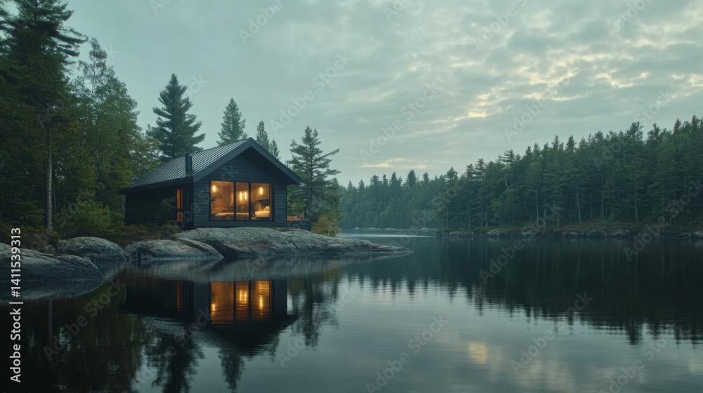 Dark Cabin by Tranquil Lake at Dusk Dark Cabin by Tranquil Lake at Dusk