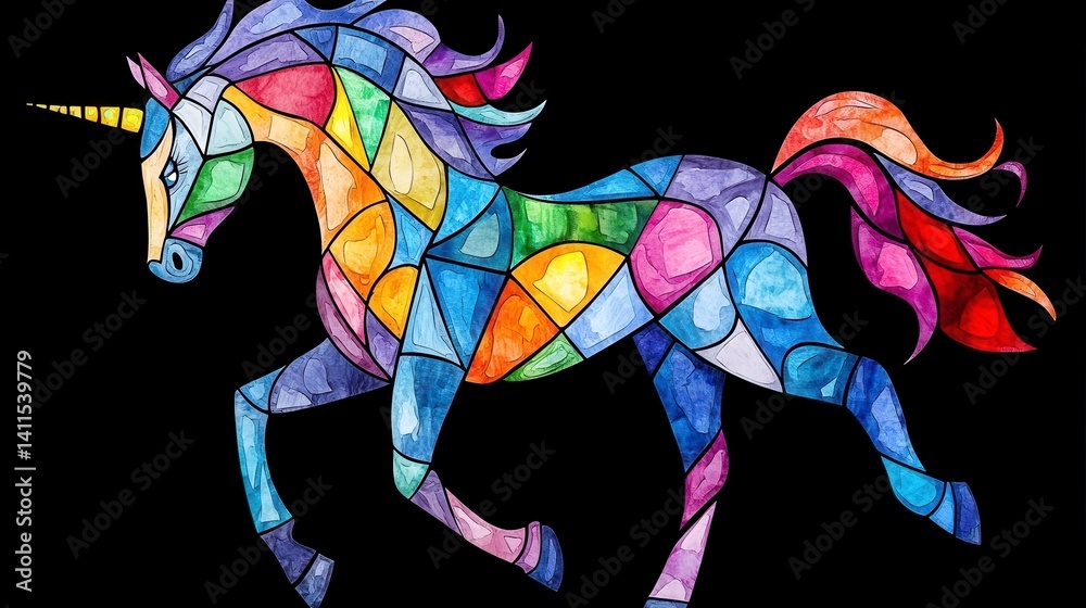 Obraz premium Colorful Stained Glass Unicorn on Black Background Art