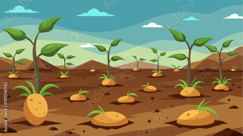 An abandoned field of lifeless potato plants their stunted tubers ly visible beneath the soil.. Vector illustration