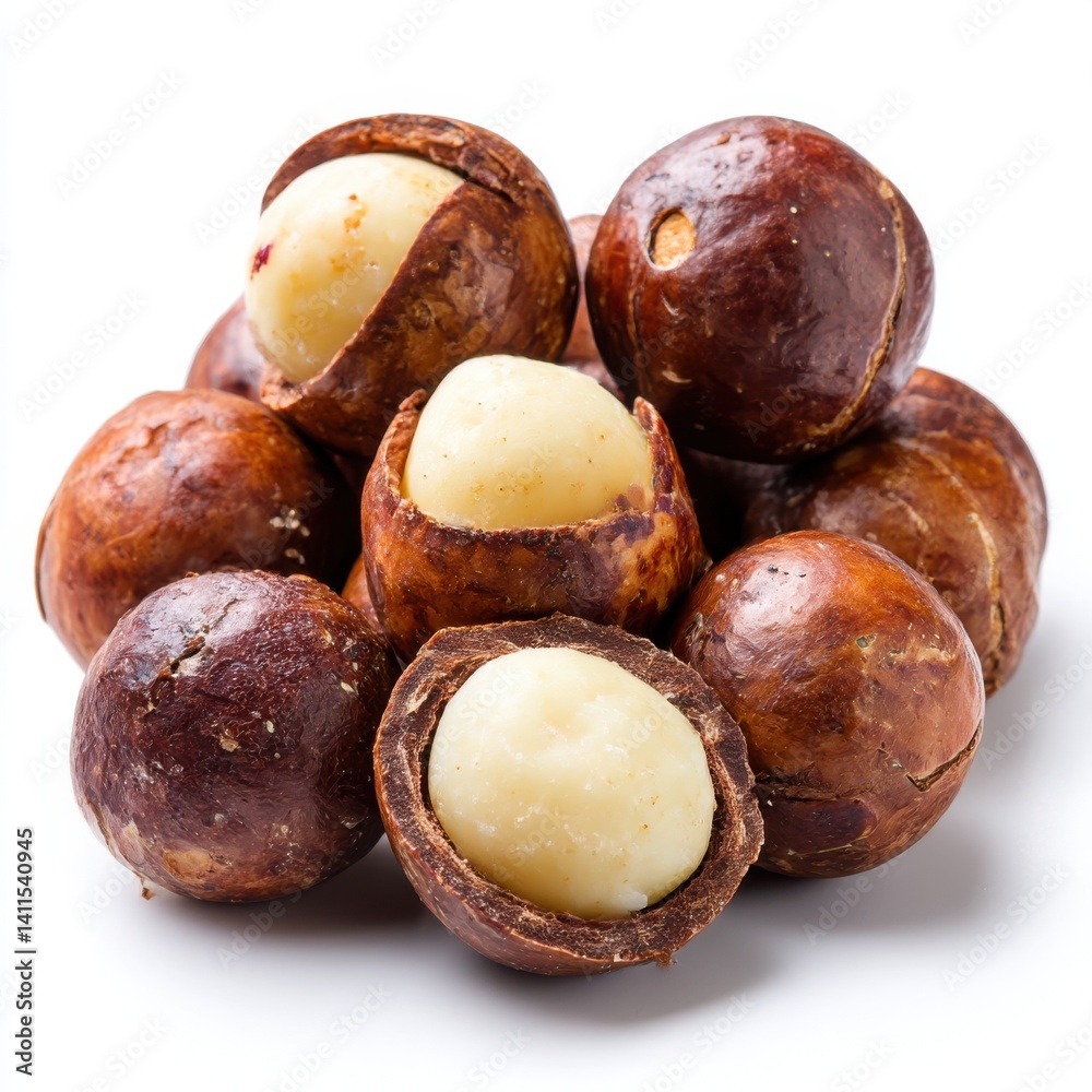 Obraz premium Pile of macadamia nuts close up on white background