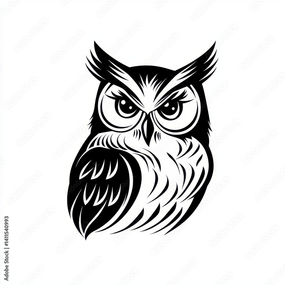 Obraz premium Intricate Black and White Illustration of a Wise Owl with Sharp Features
