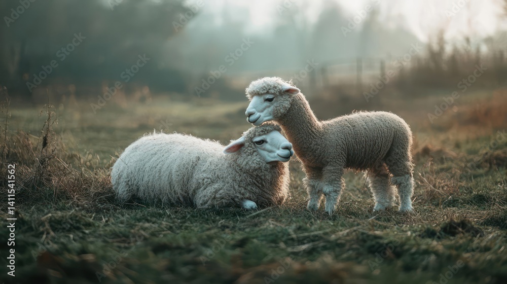 Two alpacas, one lying down and the other standing, on a grassy field with a foggy background. The alpacas are cream-colored with curly wool. The lighting is soft and natural, highlighting their Two alpacas, one lying down and the other standing, on a grassy field with a foggy background. The alpacas are cream-colored with curly wool. The lighting is soft and natural, highlighting their