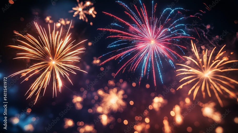 Fototapeta premium Fireworks in the night sky. Fireworks explode in the sky at night. A generative ai showing lighting. Pyrotechnics illuminating the nighttime sky lifestyle.