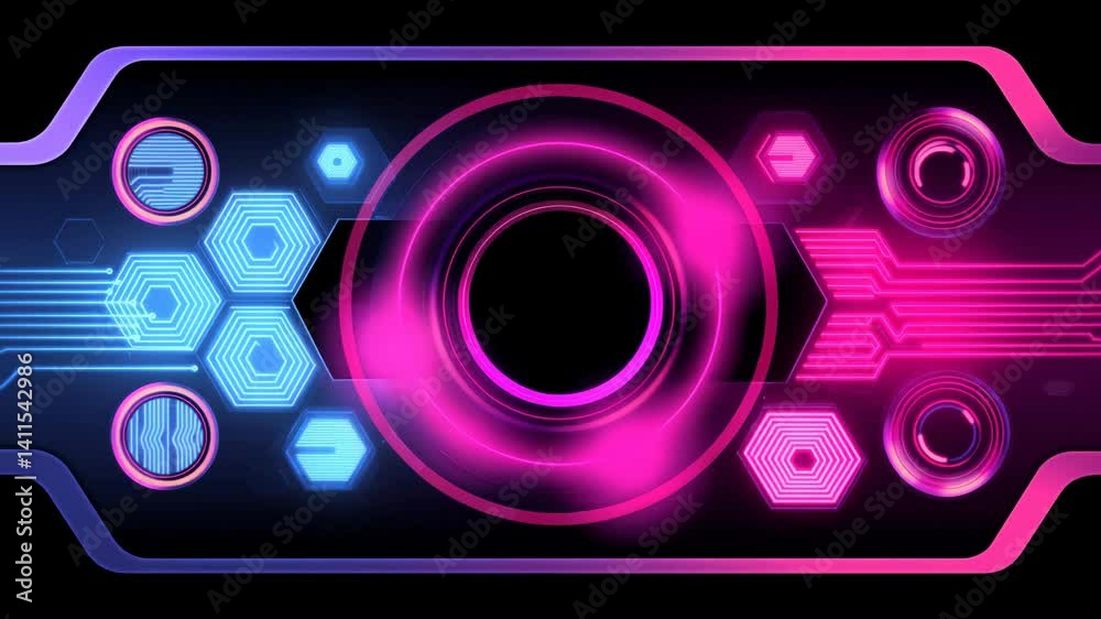 A symmetrical design features glowing blue and pink geometric shapes, including circles and hexagons, connected by lines against a black background A symmetrical design features glowing blue and pink geometric shapes, including circles and hexagons, connected by lines against a black background