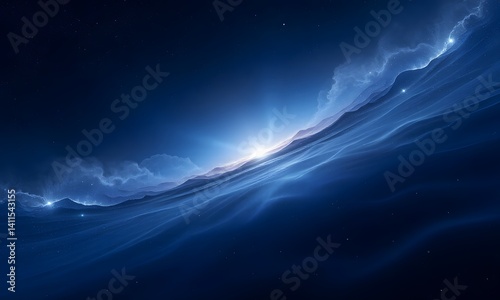 Blue waves of light and clouds in darkness.