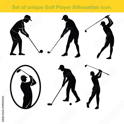 Golf Player Silhouette Set Professional Golfers Playing Golf Different Poses Black And White.