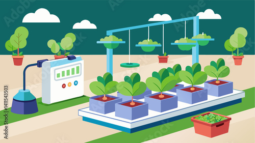 In a hydroponic farm a computercontrolled nutrient dosing system ensured each plant received the perfect amount of nutrients for optimal growth. This precision farming od maximizes. Vector