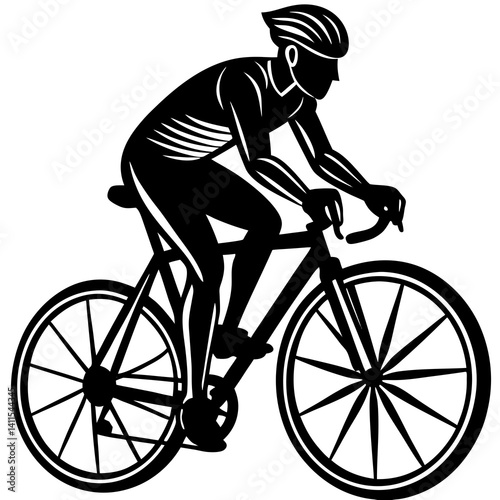 Line art vector silhouette of a person riding a road bike in a racing position, leaning forward with one hand on the handlebars