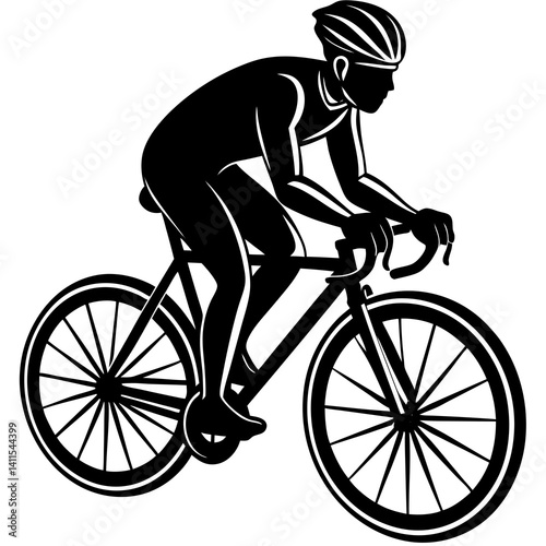 Line art vector silhouette of a person riding a road bike in a racing position, leaning forward with one hand on the handlebars