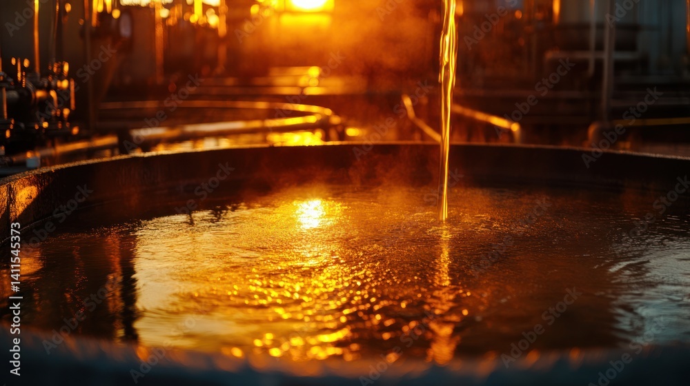 Obraz premium Fluid flow into a large metal container at sunset