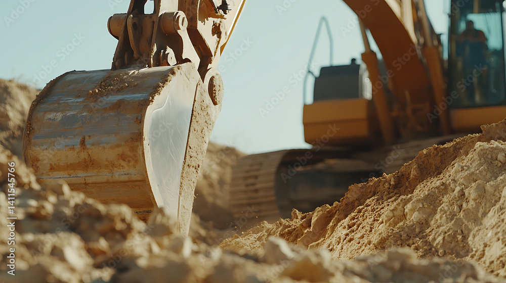 Fototapeta premium Excavator operator digging a trench for utilities at a construction site. Featuring excavation and utility installation