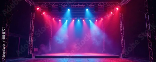 Complex stage rigging, lighting trusses overhead, lights, venue, industry