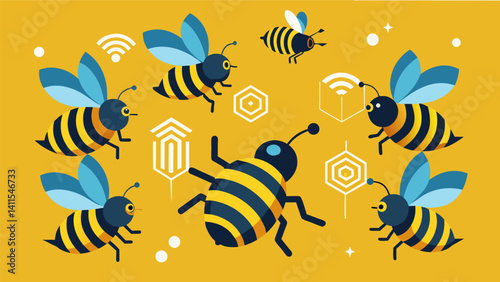 A swarm of bees buzzing with precision and purpose symbolizing the seamless and efficient transfer of data through modern technology.. Vector illustration