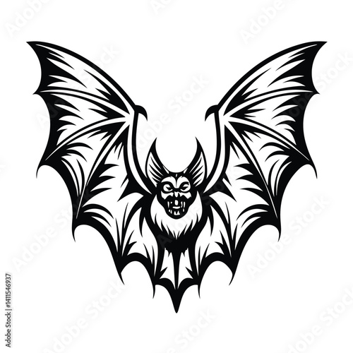Silhouette Bat Design, Spread Wings, Open Mouth, Showing Fangs, Halloween Night Creature