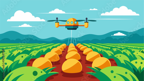 In a field of potatoes an autonomous drone scans the entire area flagging any plants that may have been damaged by pests or lack of nutrients.. Vector illustration