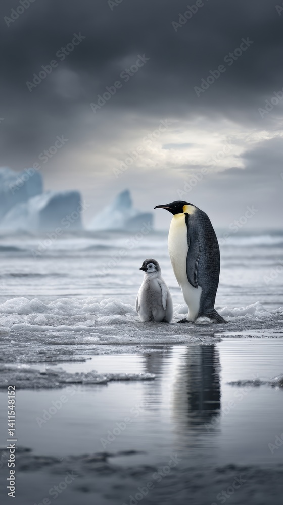 Fototapeta premium Emperor penguin family stands majestically on icy shores, capturing essence of cold habitats. Perfect for wildlife lovers and nature conservation projects, celebrating winter themes.