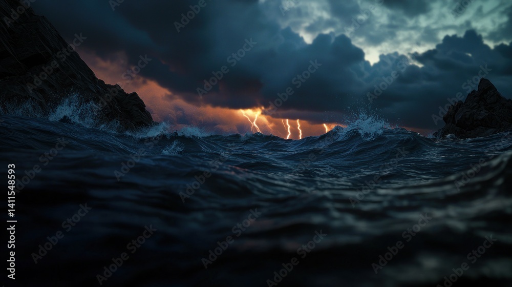 Naklejka premium Stormy Seascape, Dramatic Lightning, Rocky Coastline, Dusk