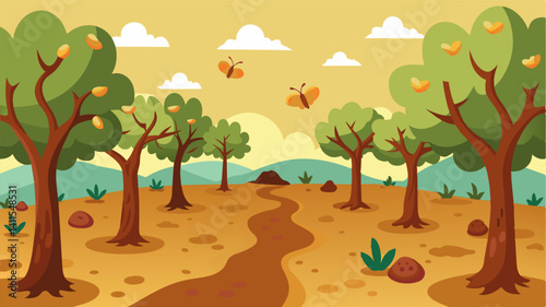 Instead of the buzzing of bees and flitting of butterflies the silence of a desolate landscape hangs heavy in the air of this once thriving orchard.. Vector illustration
