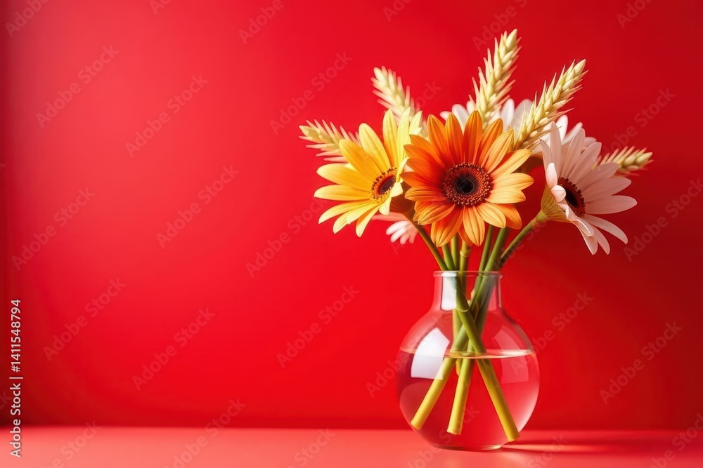 Fototapeta premium Straw bouquet in clear glass vase, red background, sunlit, floral arrangement, home decor