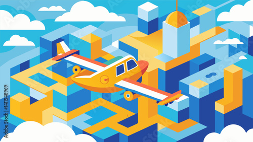 Ast the clouds a selfnavigating air taxi expertly maneuvers through the maze of buildings flawlessly adhering to its designated flight paths.. Vector illustration