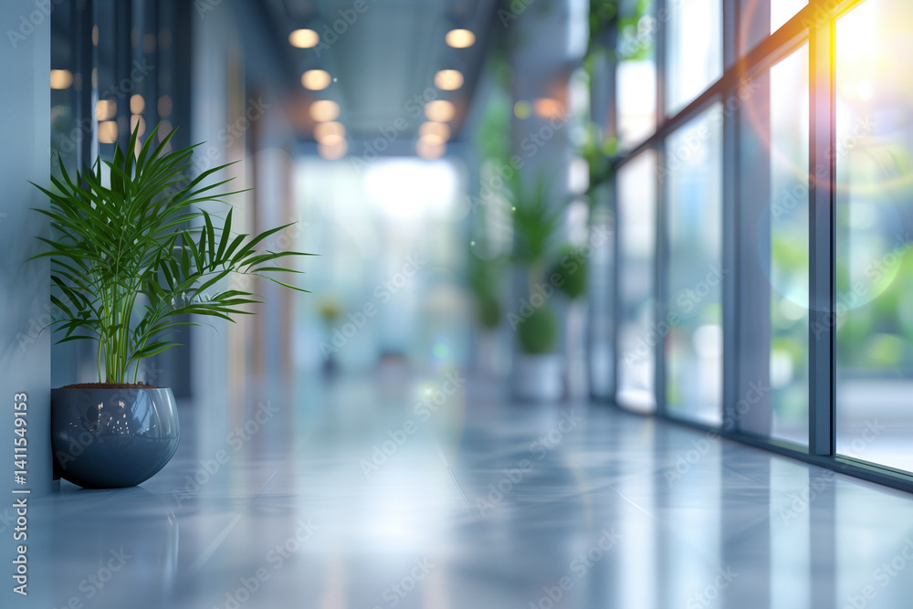 blurred background of a light modern office interior. Abstract light bokeh at office interior background for design.