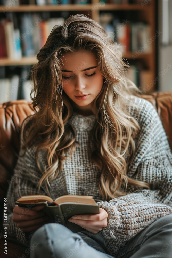 Girl reading a book while sitting on the sofa