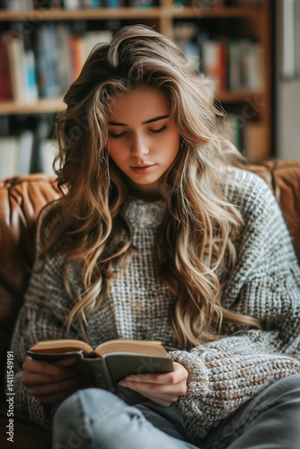 Obraz na płótnie Girl reading a book while sitting on the sofa w salonie