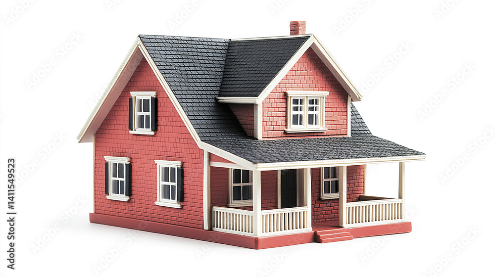 Red house model with porch and gabled roof on white background Red house model with porch and gabled roof on white background