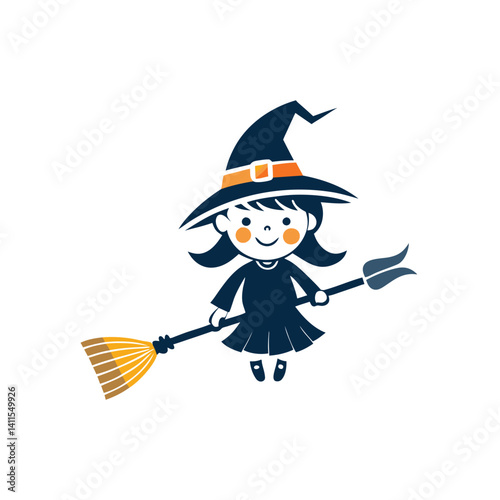 Cute little girl flying a broom during Halloween