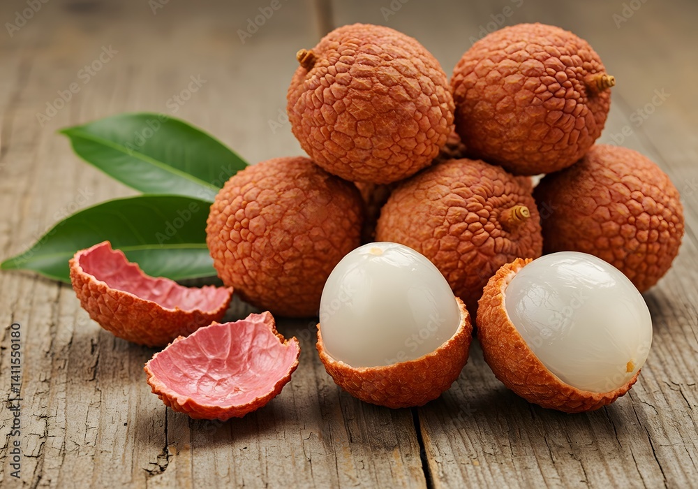 Fresh Lychees on Rustic Wooden Table Fresh Lychees on Rustic Wooden Table