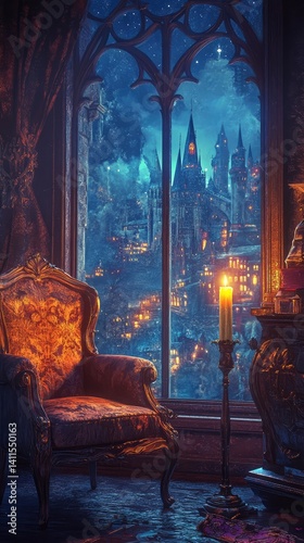 A chair is in front of a window with a candle on a table