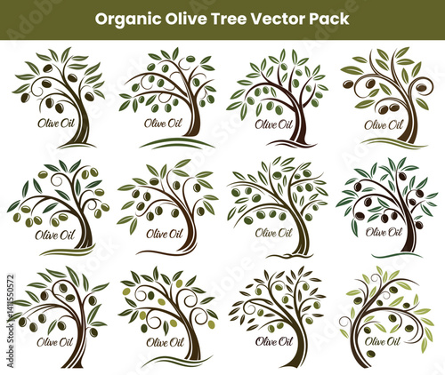Olive Tree Icons Set with Green Olives and Leaves on White Background