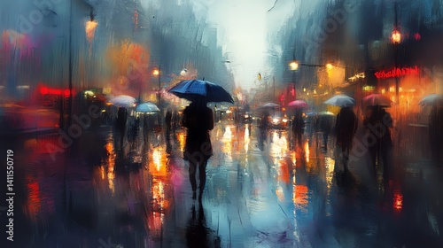 Woman Walking with Umbrella on Rainy City Street at Night Painting