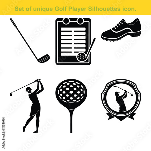 Golf Silhouette Vector Icons Set Of Golfing Equipment And Player Poses.