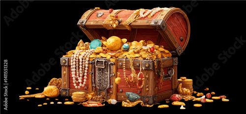 Pirate Treasure Chest Overflowing with Gold and Jewels