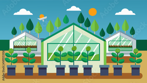 Climatecontrolled greenhouses use advanced technology to create optimal conditions for plants from seed germination to harvest.. Vector illustration