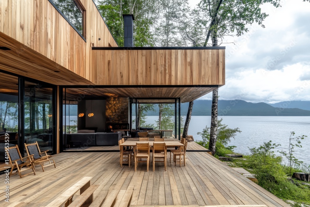 Wooden house with terrace over lake