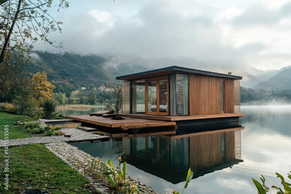 Wooden house with terrace over lake