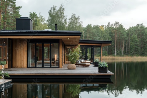 Obraz na płótnie Wooden house with terrace over lake w salonie
