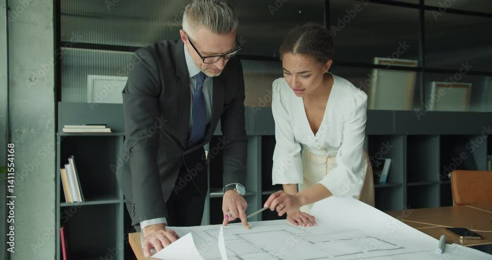 Business team reviewing architectural floor plans