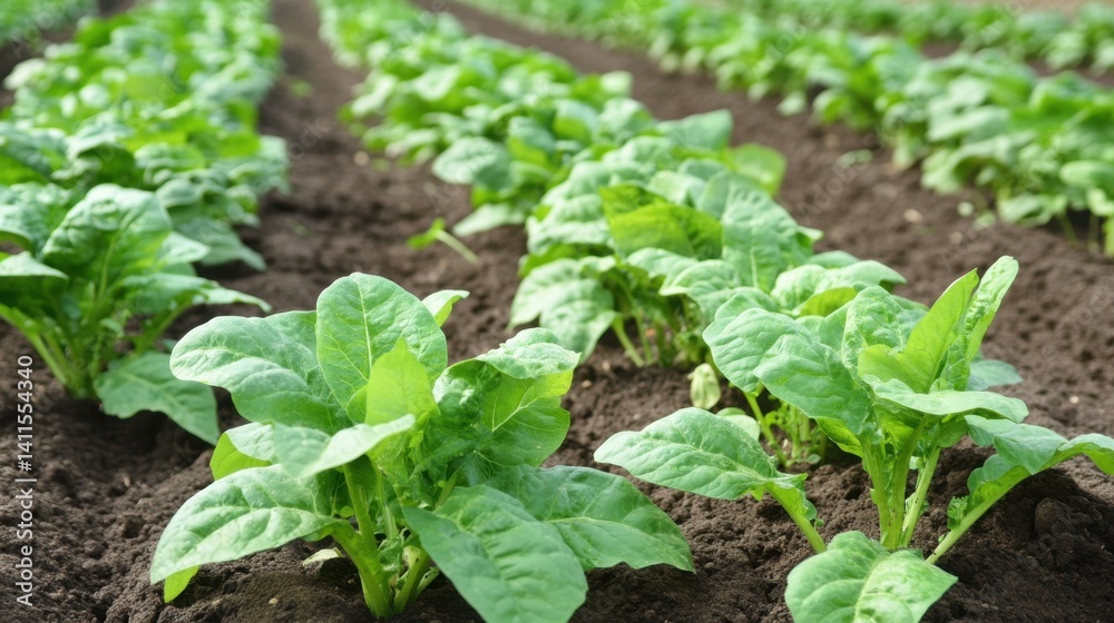 Lush green spinach plants growing in rows on fertile soil under clear blue sky Lush green spinach plants growing in rows on fertile soil under clear blue sky