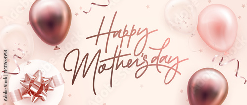 Happy mother's day web banner, poster, greeting card design template. Realistic 3d helium balloons and gift box on pink background. Mother day elegant wallpaper. Vector illustration