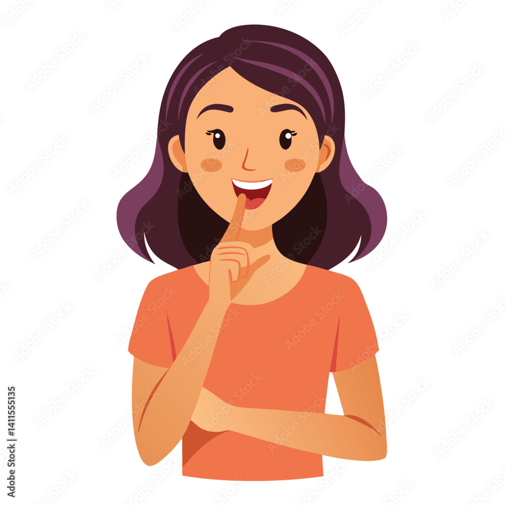 happy woman tells secret by putting palm to mouth happy woman tells secret by putting palm to mouth