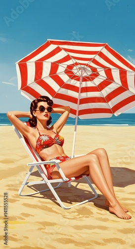 Retro Woman Sunbathing in Vintage Swimsuit at the Beach, 1950s American Vintage Style Illustration
