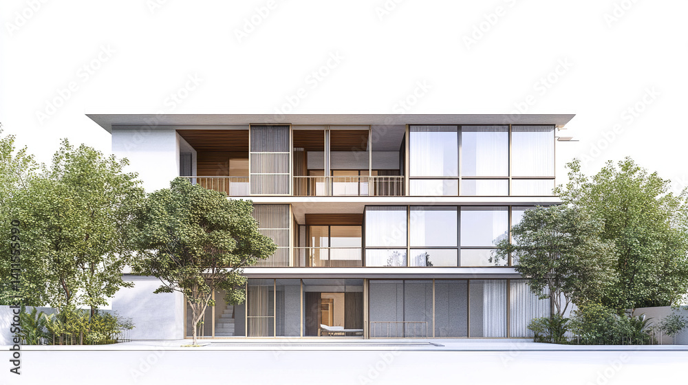 Fototapeta premium Modern three story house with large windows and trees in front